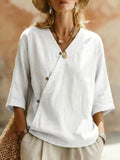 summer new women's solid color cotton linen european and american button-down top - cross-border e-commerce