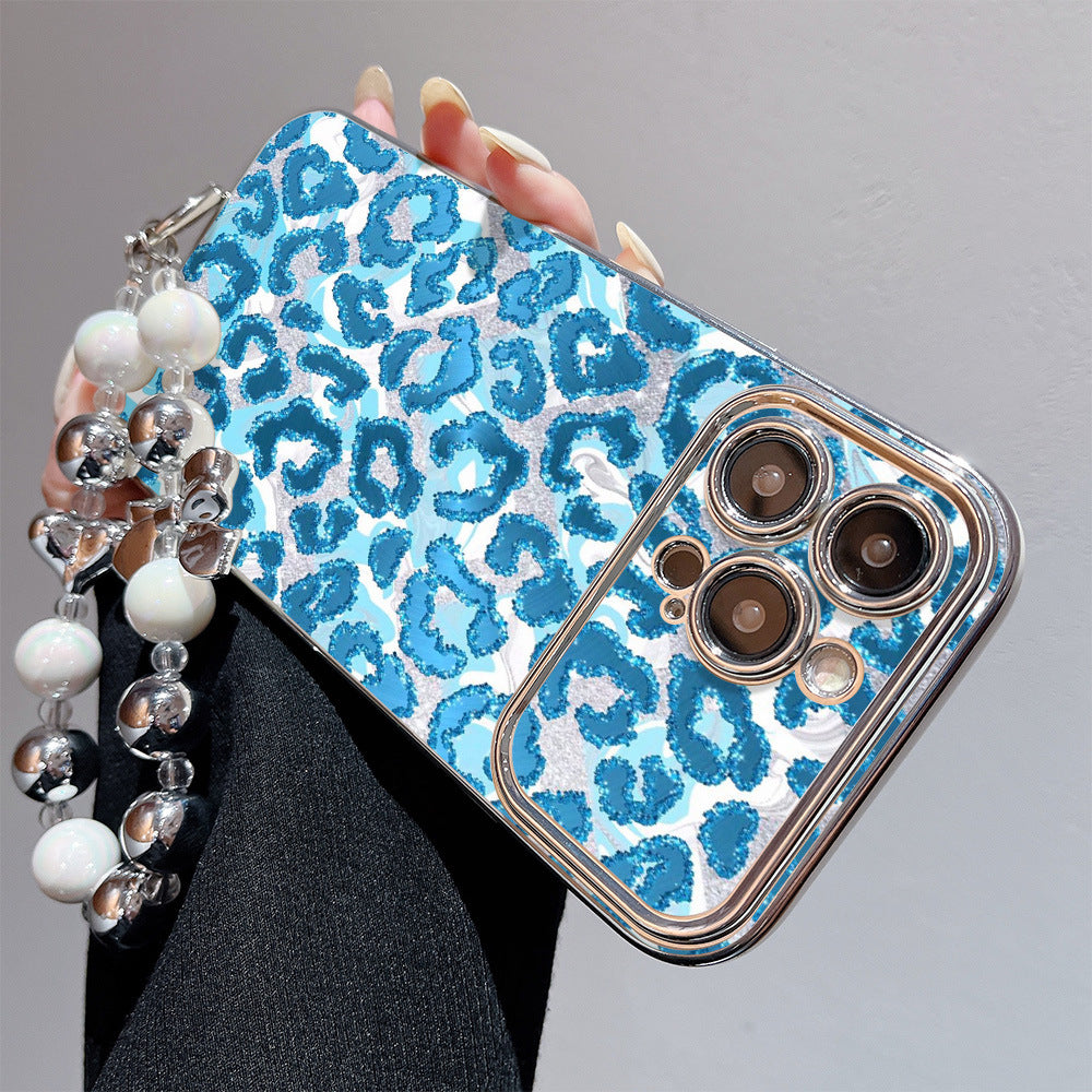 Suitable for iphone 16 glitter leopard print mobile phone case apple 17 with bead hanging chain classy all-inclusive soft case