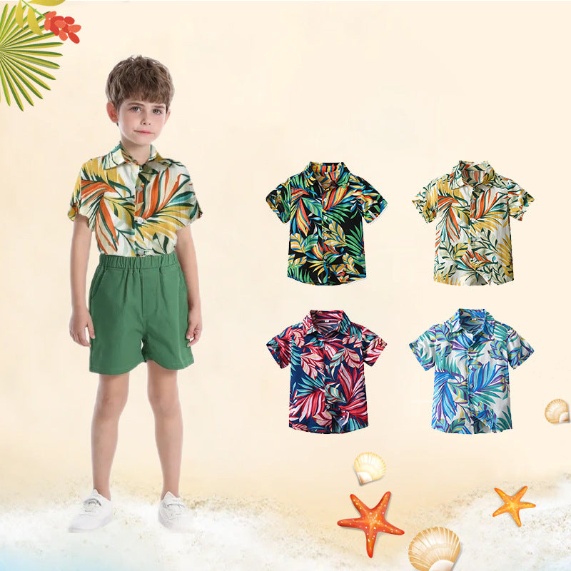 children's clothing, new boys' short-sleeved shirts, vacation beach style floral shirts, boys' short-sleeved shirts, children's shirts for boys, summer