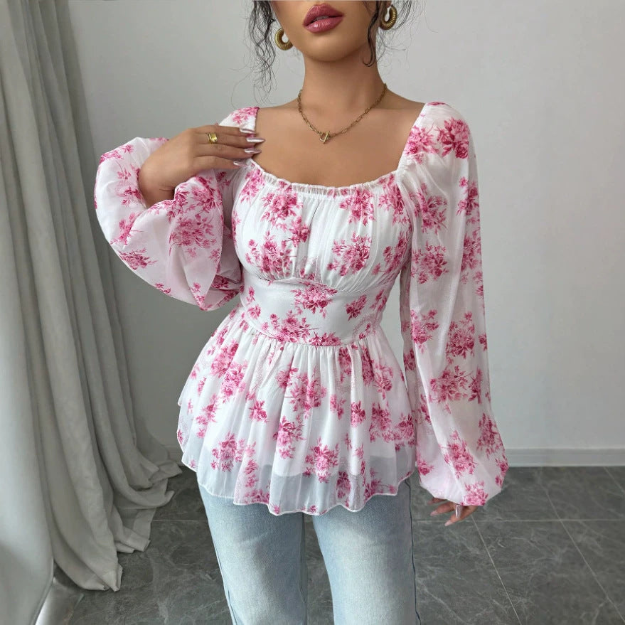 Export  cross-border women's clothing fresh and sweet fall and winter square neck puff sleeve popular floral long-sleeved tops
