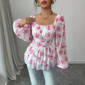 Export  cross-border women's clothing fresh and sweet fall and winter square neck puff sleeve popular floral long-sleeved tops