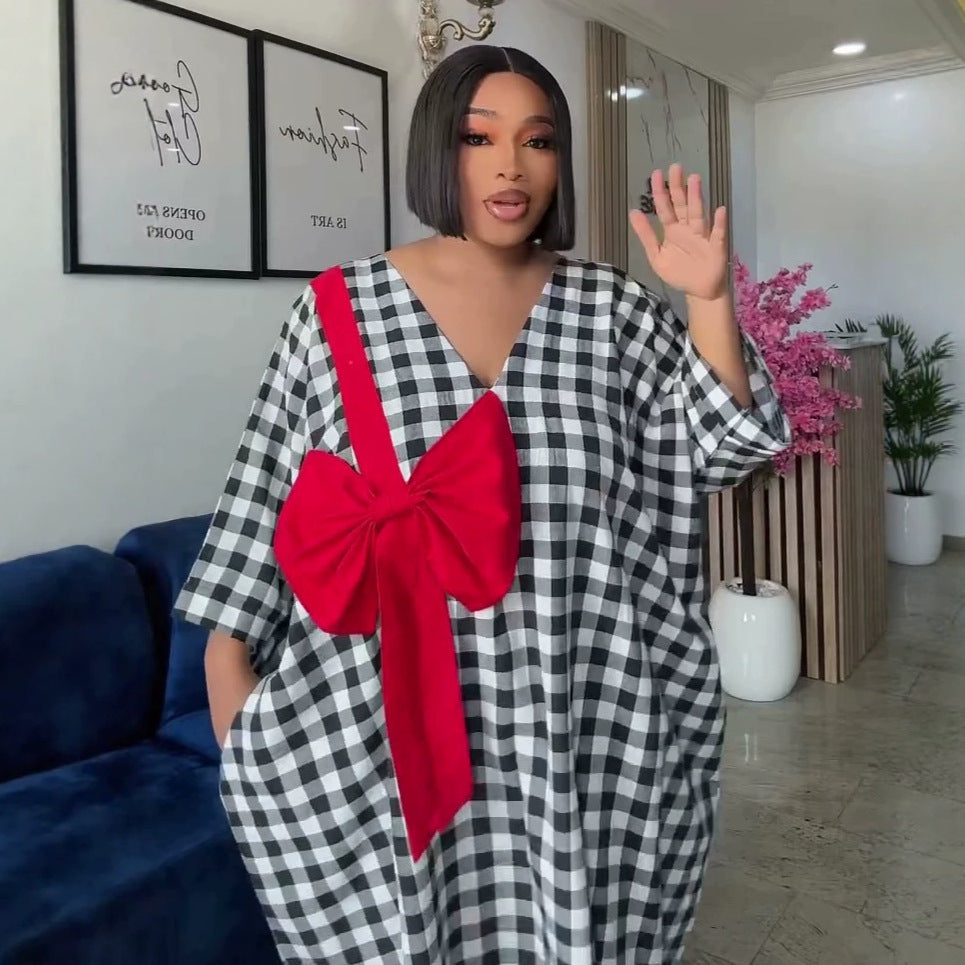 European and american cross-border african women's clothing  summer new arrival: elegant plaid loose plus size bow print dress