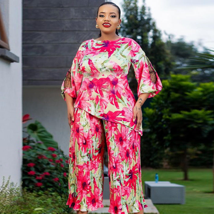 Special offer: digital print, comfortable & breathable crew neck, lantern sleeve, mid-sleeve, african fashion women's pleated pants