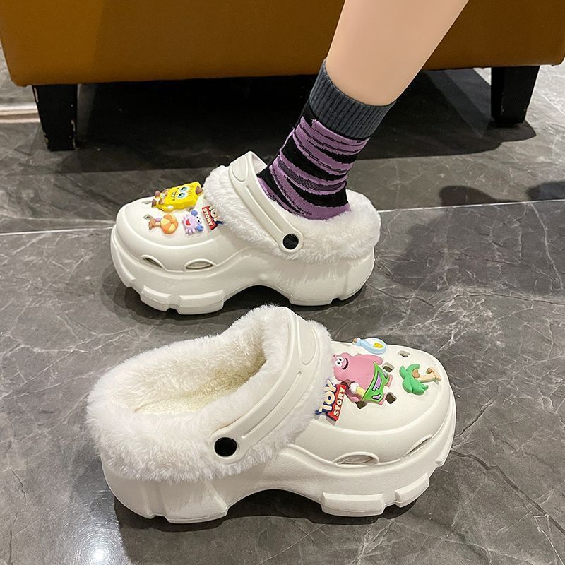 Fleece-lined cotton clogs for women, autumn and winter inner lining, 2024 new style, outer wear, height-increasing thick sole, furry cotton slippers for winter
