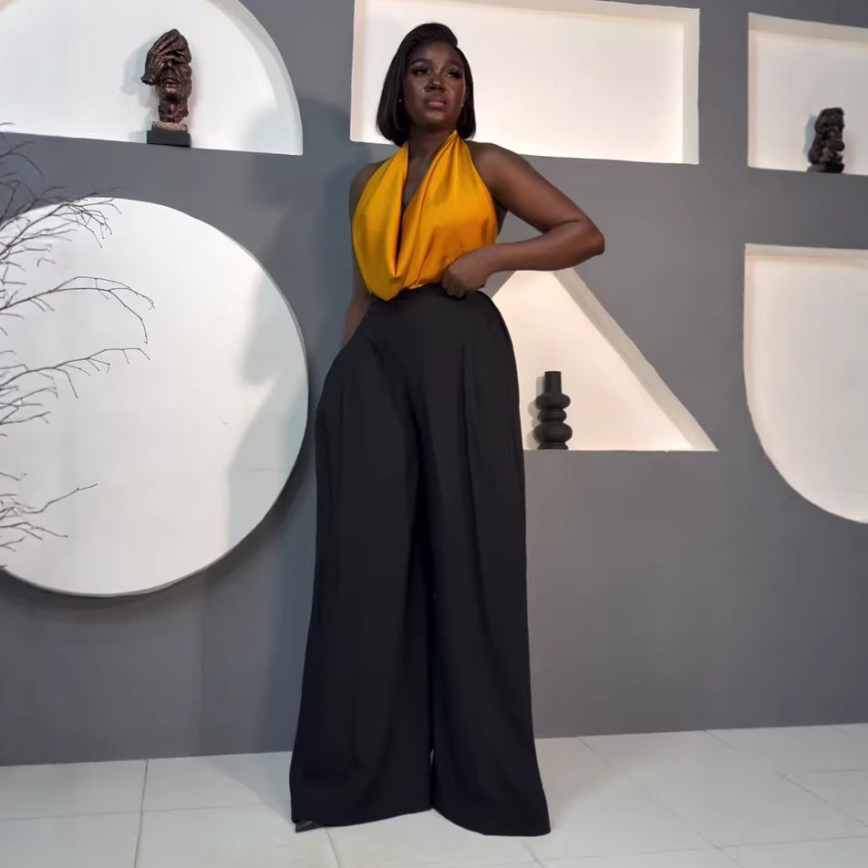 European and american cross-border women's fashion:  summer new arrival - elegant solid color halter neck sleeveless top & casual wide-leg pants set