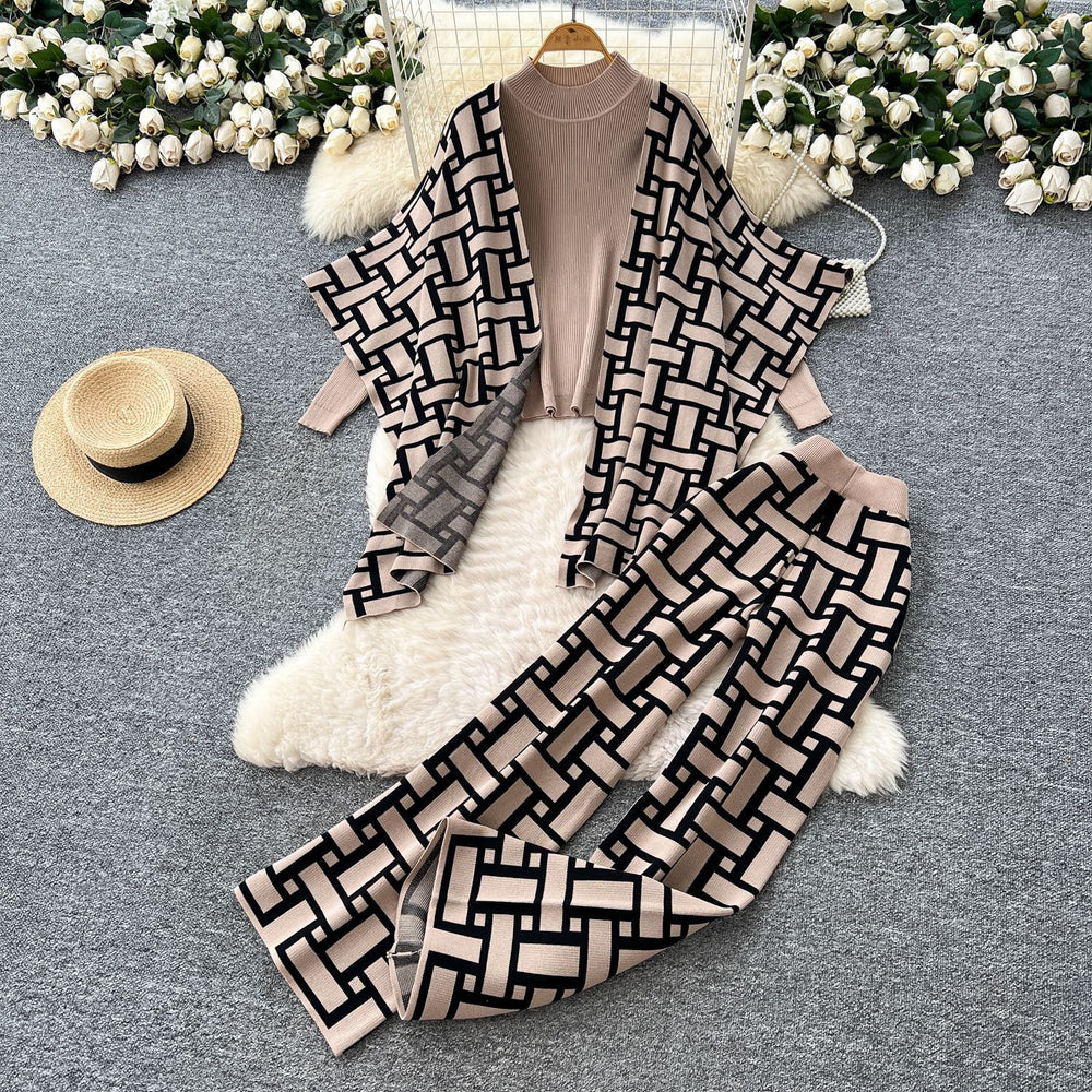 Lazy style casual three-piece set for women  winter loose outer shawl outwear inner bottom knitting shirt loose pants
