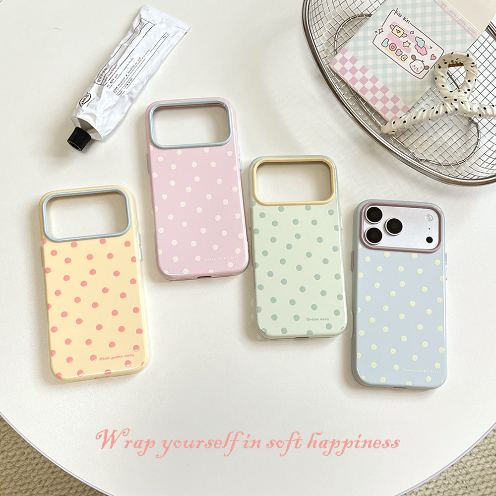 Color-blocked macaron phone case with all-over polka dot design, compatible with apple 17 pro max. iphone 18 skin-feel jelly case, also suitable for iphone 15