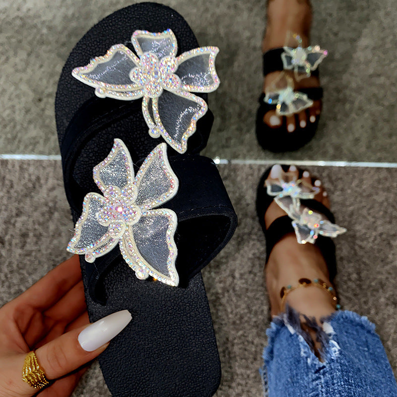 Wholesale in-stock plus size cross-border independent online summer new slip-on bowknot rhinestone sandals women's flip-flops