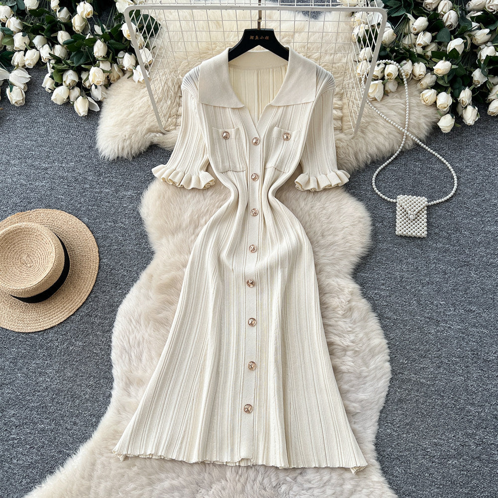 K-style pink buttoned knittingdress women's 2026 summer silmwork clothingelegant silmslimming look a-line skirt
