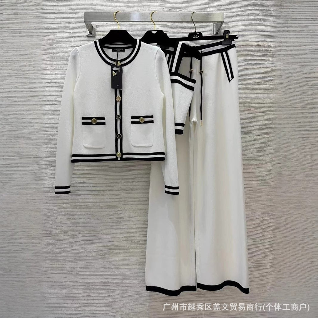 Cross-border  round neck long-sleeved knitted cardigan jacket + straight trousers + vest three-piece set, high-quality women's clothing