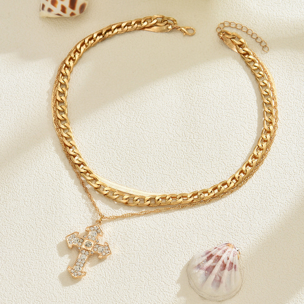 Wholesale gold cross necklace - cross-border hot seller, multi-layered stackable diamond-studded jewelry, women's creative minimalist alloy necklace