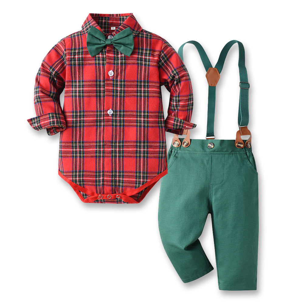 Kidssuit boys gentleman dress bow tie shirt khaki detachable overalls christmas baby clothes
