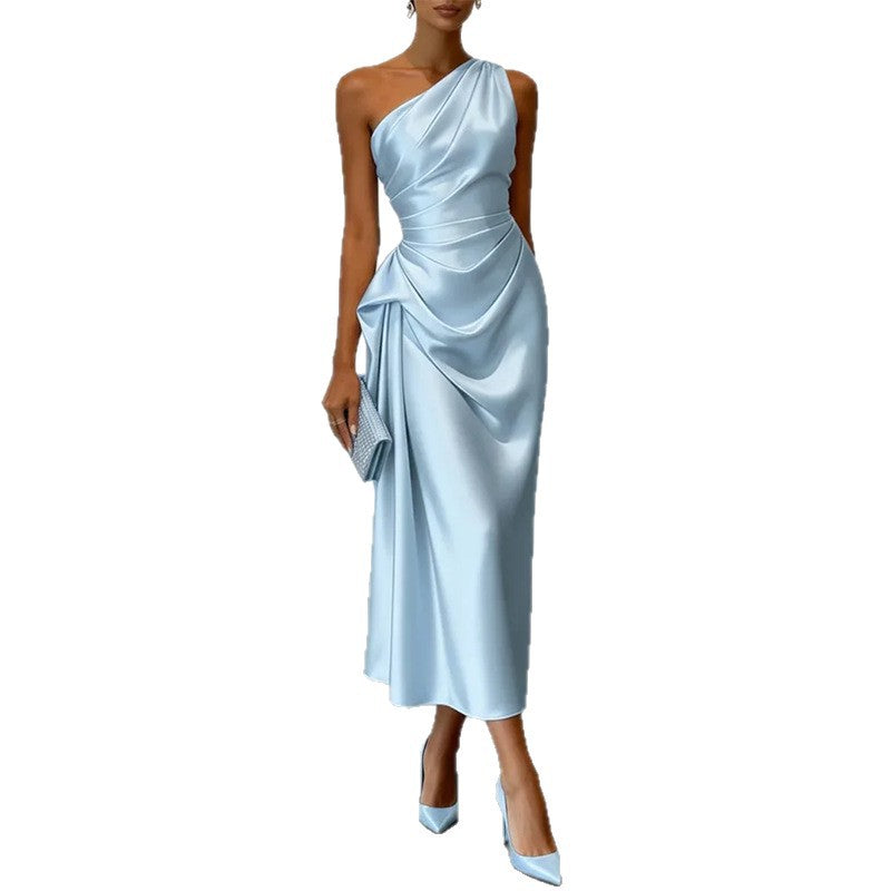 european and american cross-border women's fashion: new high-end, light luxury, pleated, waist-cinching evening gown dress for women