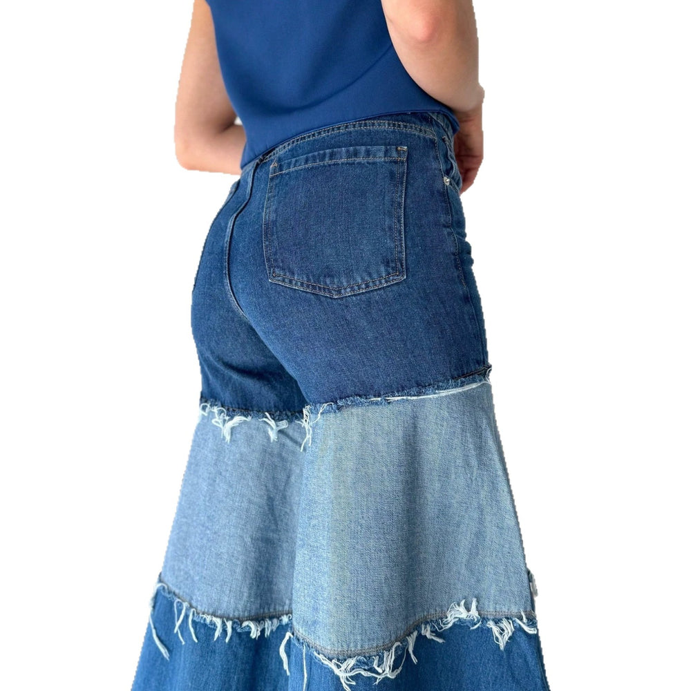Fashionjeans women's high waistcontrast color raw edge patchworkloose pants elastic washed color matching large horn moppants