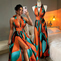 fashion cross-border women's halter v contrast colorprintingdress women's waist slit large swing elegant long skirt