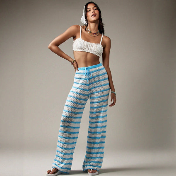2025 Cross-border  hot-selling European and American fashion vacation striped knitted women's hollowed-out beach sunscreen trousers