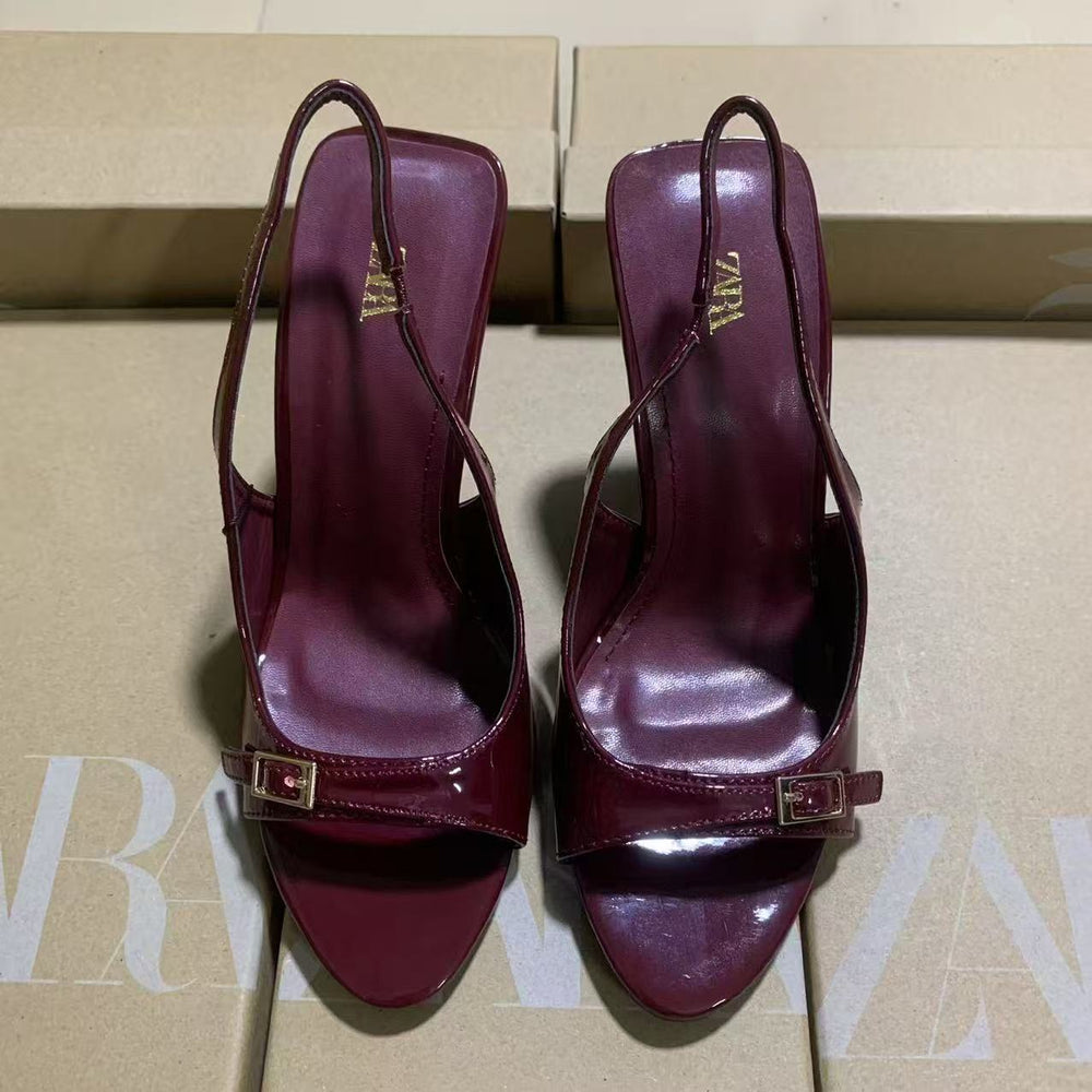 Za's 2025 spring new arrivals: burgundy and black women's patent leather peep-toe pumps with buckled ankle strap and stiletto heel