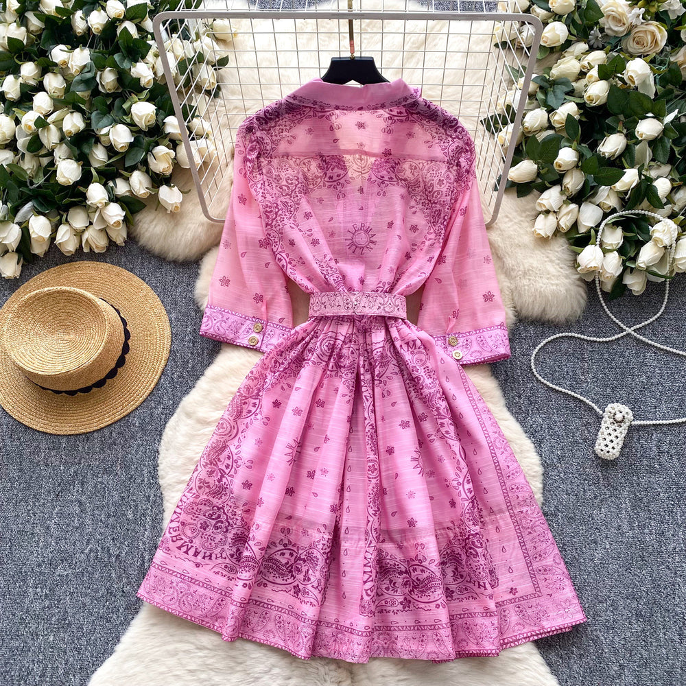 Frenchretrofashionable suit collar half length sleeves strap waist printingdress women's summer slimming look single-breasted short skirt