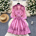 Frenchretrofashionable suit collar half length sleeves strap waist printingdress women's summer slimming look single-breasted short skirt