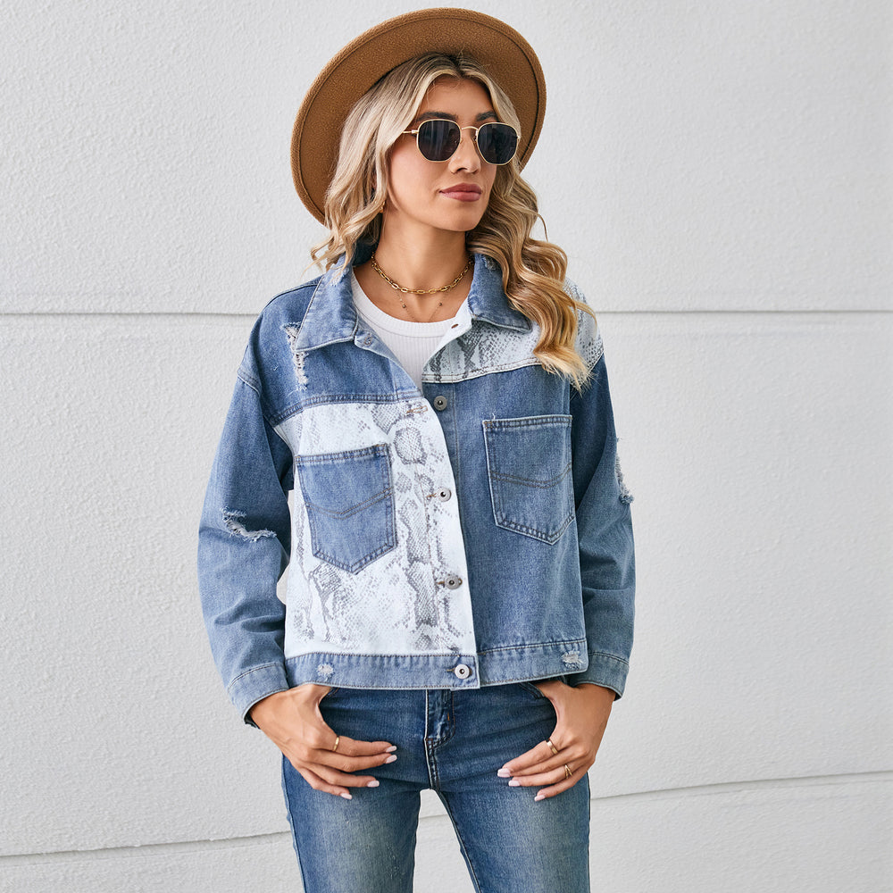 Fashion cross-border foreign trade independent station  new washed denim leopard print python print short jacket tops