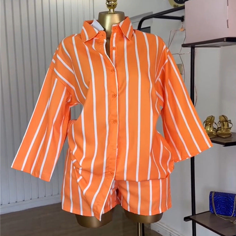 European and american cross-border women's fashion:  autumn new collection - trendy orange loose striped shirt & high-waisted shorts casual set