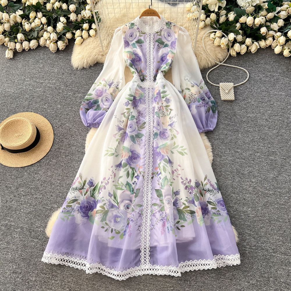 French retro floral print dress - women's early spring long sleeve slim fit a-line maxi dress - romantic vacation style elegant dress