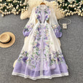 French retro floral print dress - women's early spring long sleeve slim fit a-line maxi dress - romantic vacation style elegant dress