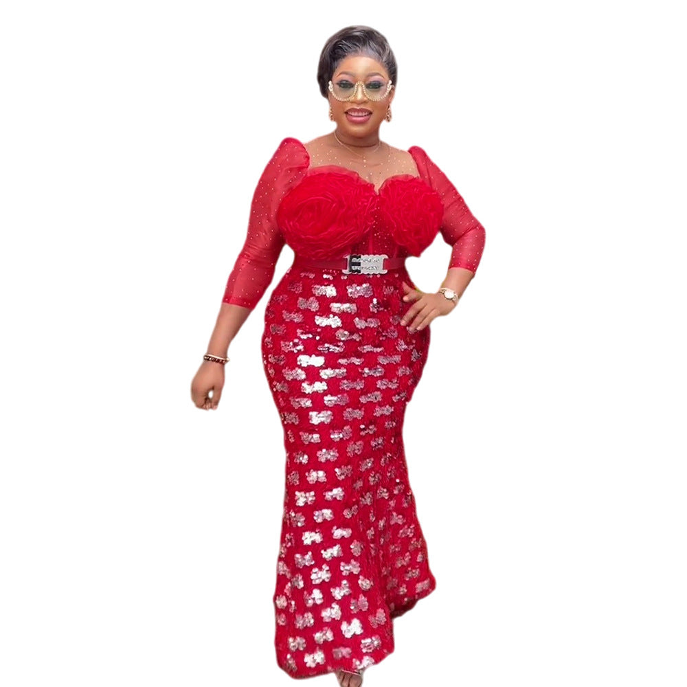 African  banquet party evening dress european and american style women's clothing organza patchwork sequin flower plus size dress
