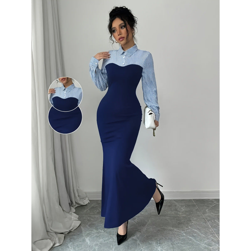 code new arrival  women's original elegancecontrast color lapel silmdress