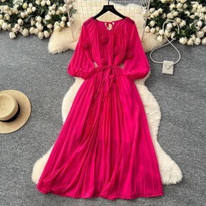French chic dress - women's high-end fashion stand collar floral print round neck lantern sleeve cinched waist tie belt pleated maxi dress