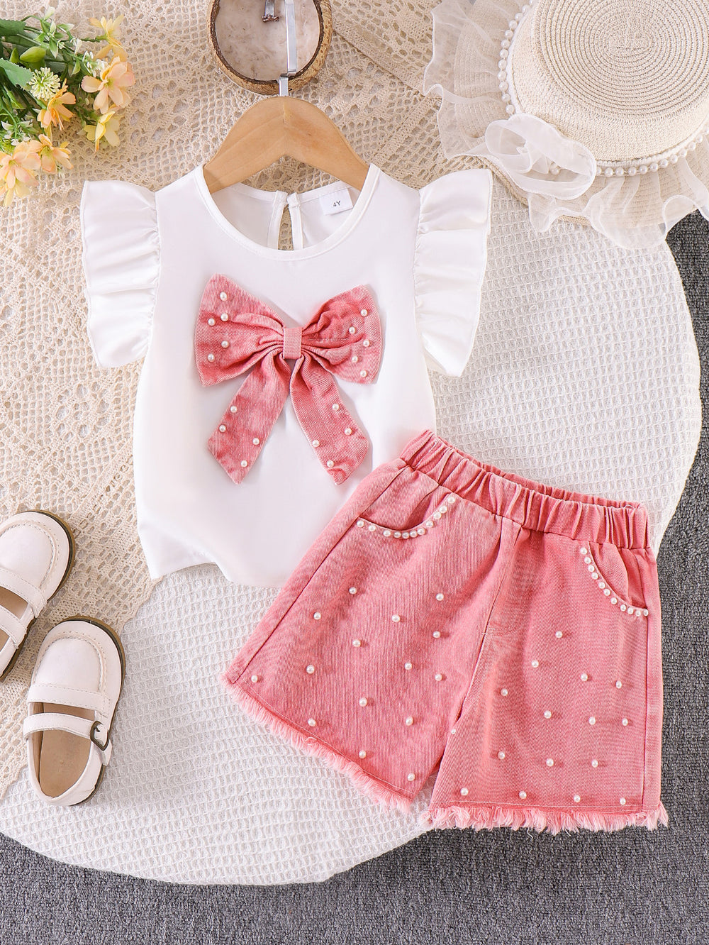 Kids clothing cross-border exclusive for european and american girls new arrival kids white flying sleeve t-shirt + blue shorts