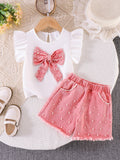 Kids clothing cross-border exclusive for european and american girls new arrival kids white flying sleeve t-shirt + blue shorts