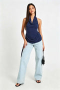 women's summer halterneck backless sleeveless top, featuring side ties, ruched waist, slimming fit, and a spicy girl vibe
