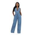 Fashion cross-border   tight waist silm elastic washed denim jumpsuit straight-legloose jumpsuit