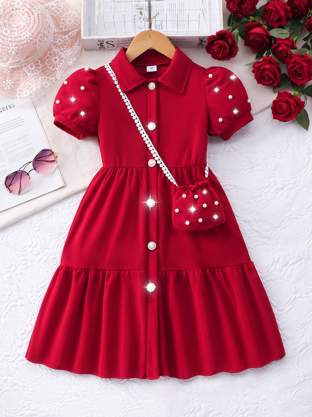 Girls' dress, solid color dress with pearl sleeves + pearl crossbody bag