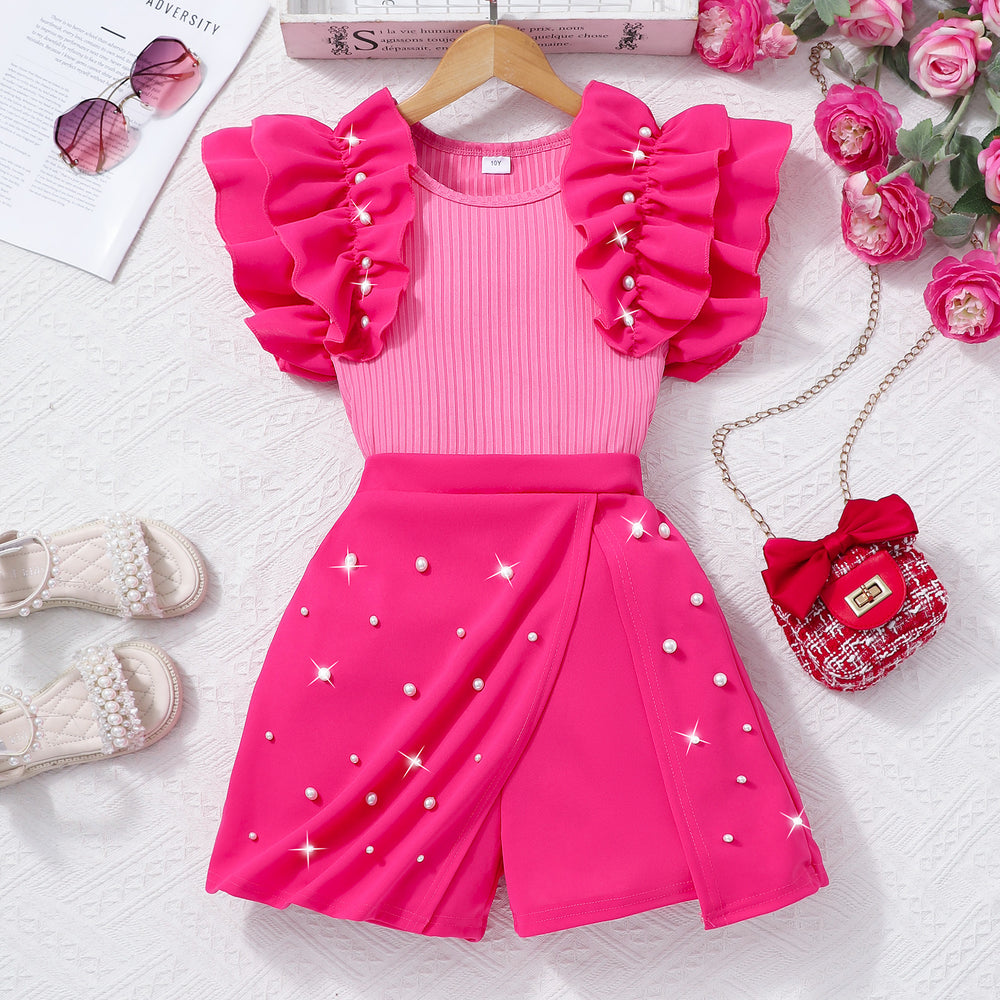 Girls' two-piece set (sizes for mid-to-large children): pearl ruffle top + pearl shorts set