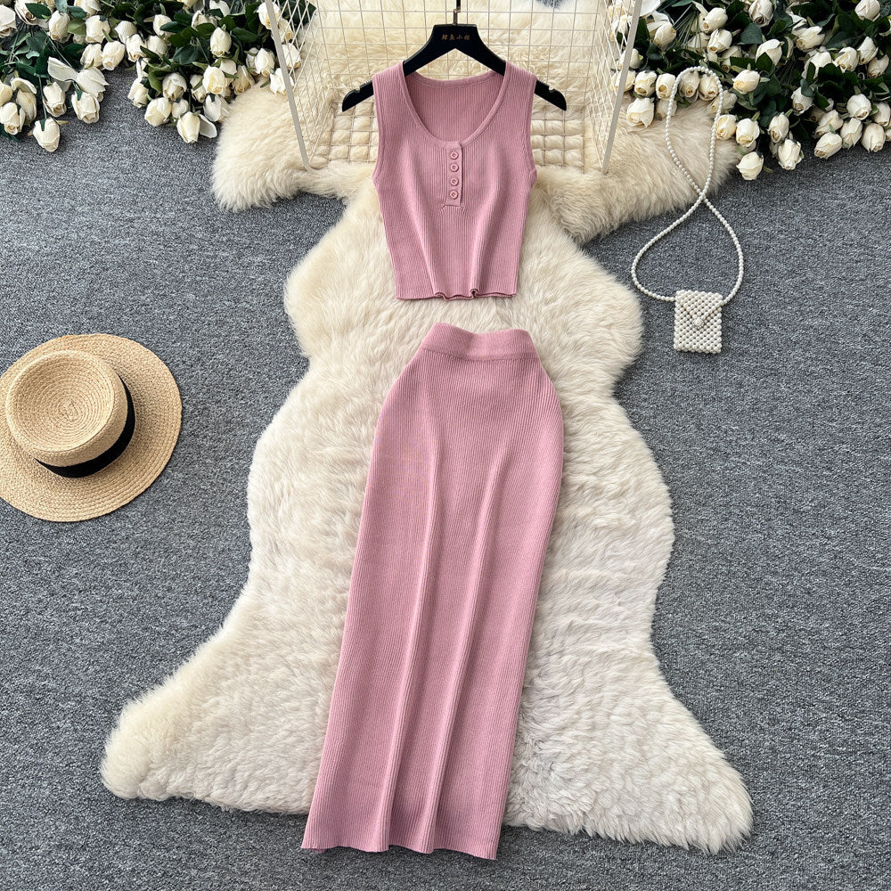 Luxury minimalist sleeveless knit two-piece set for women - summer casual commute high-waisted slimming fit
