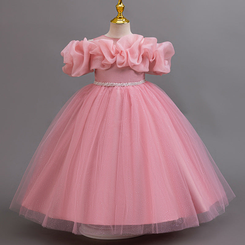 Ready-to-ship new off-the-shoulder sequin evening gown wedding dress princess dress piano performance dress for girls/kids