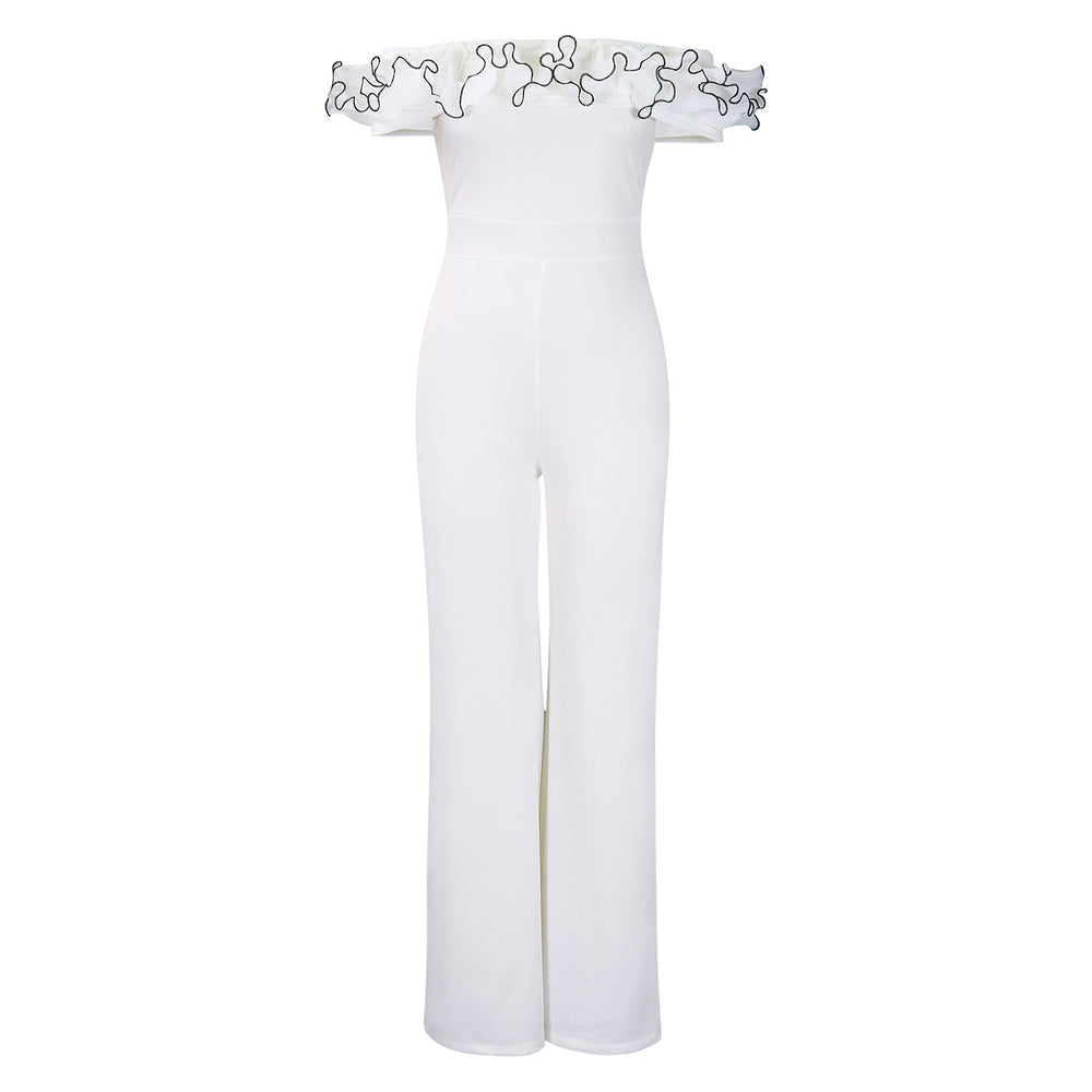 D523  european and american style sexy bodycon solid color off-the-shoulder ruffle trim short sleeve jumpsuit
