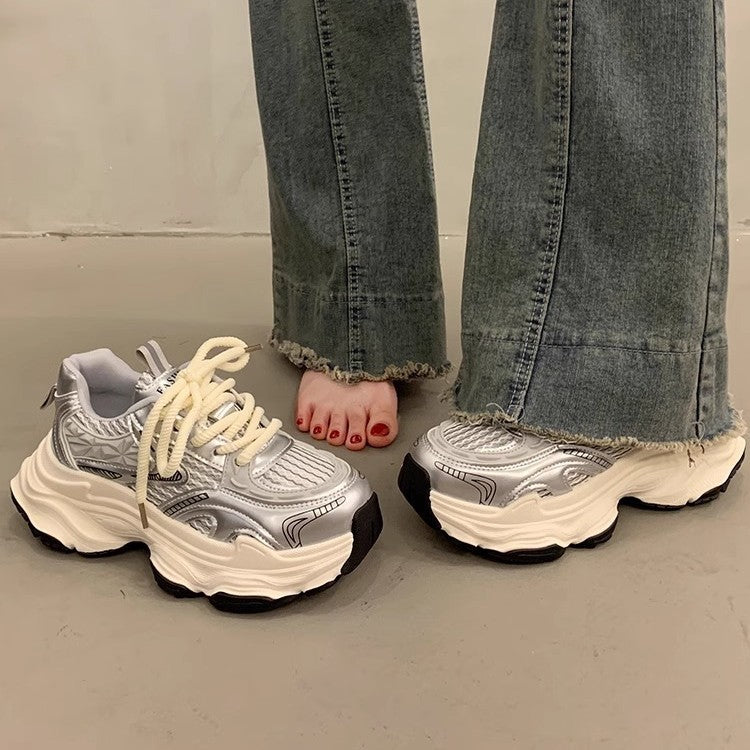 Silver chunky sneakers for women, new spring/summer 2026 collection: platform, height increasing, slimming, lightweight, breathable, versatile casual athletic shoes
