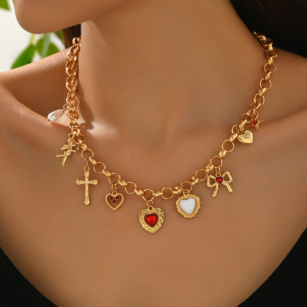 Cross pendant wholesale european and american cross-border fashion exaggerated love necklace women's sweet bow imitation pearl necklace