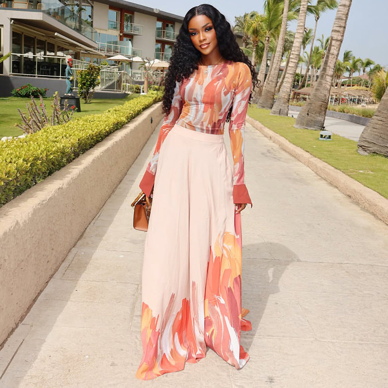 European and american style ins cross-border slimelegant women's round neck color matching a-line skirt waist long sleeves accessible luxury spring & falldress