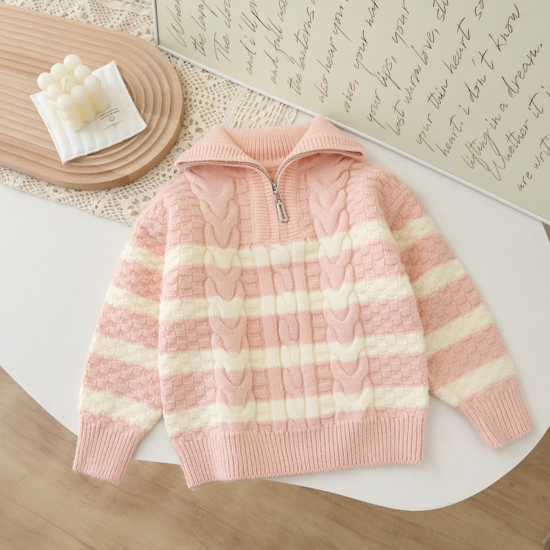 Kids' fall/winter korean style striped sweater cardigan - girls' knitted open front top with zipper detail