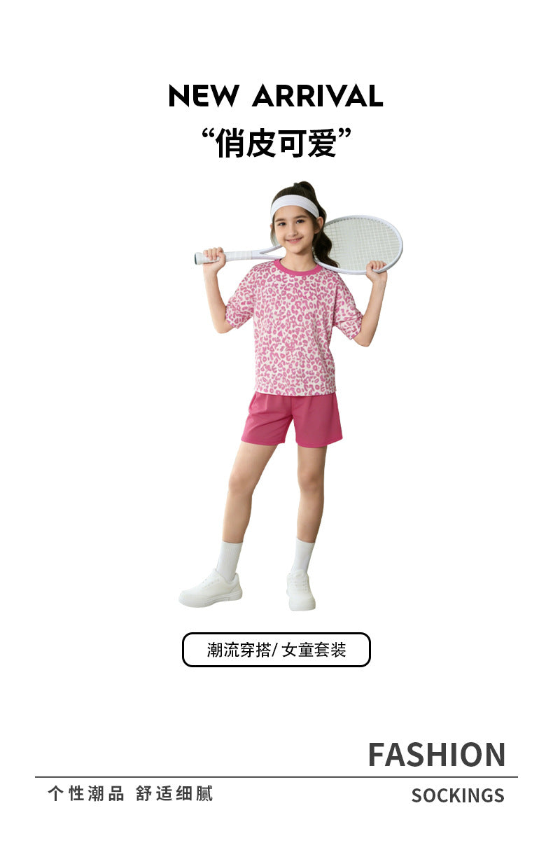 girls' tennis outfit set: pink leopard print short-sleeve top and rose red athletic shorts - summer casual two-piece set for kids