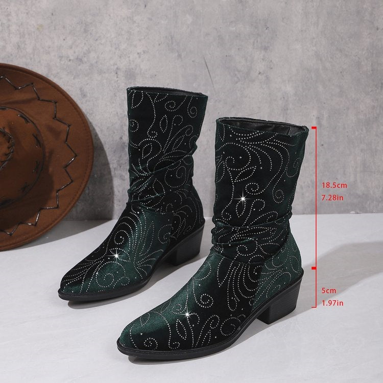 fall/winter new embroidered western cowboy boots for women - pointed toe, chunky heel, mid-calf boots, plus size women's boots, wholesale for export