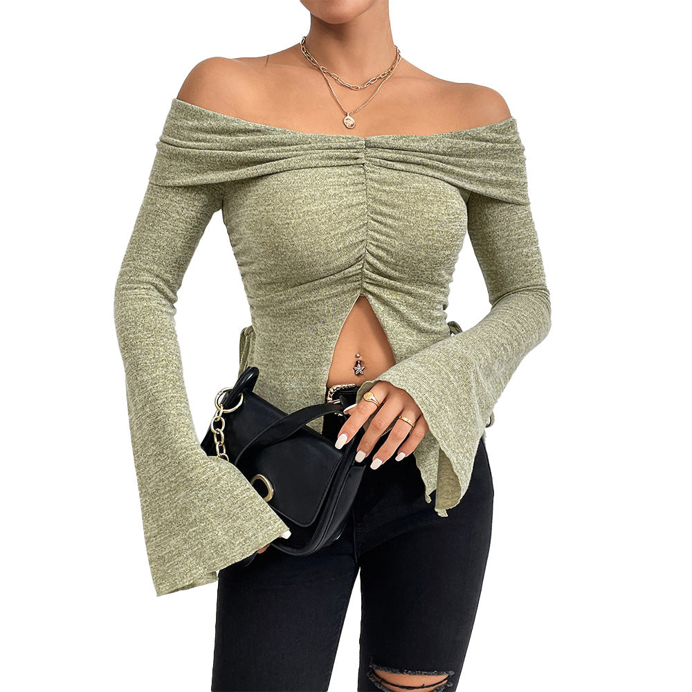 european and american women's clothing  fall/winter new collection: off-the-shoulder slit flare sleeve long-sleeve knit t-shirt - sexy top