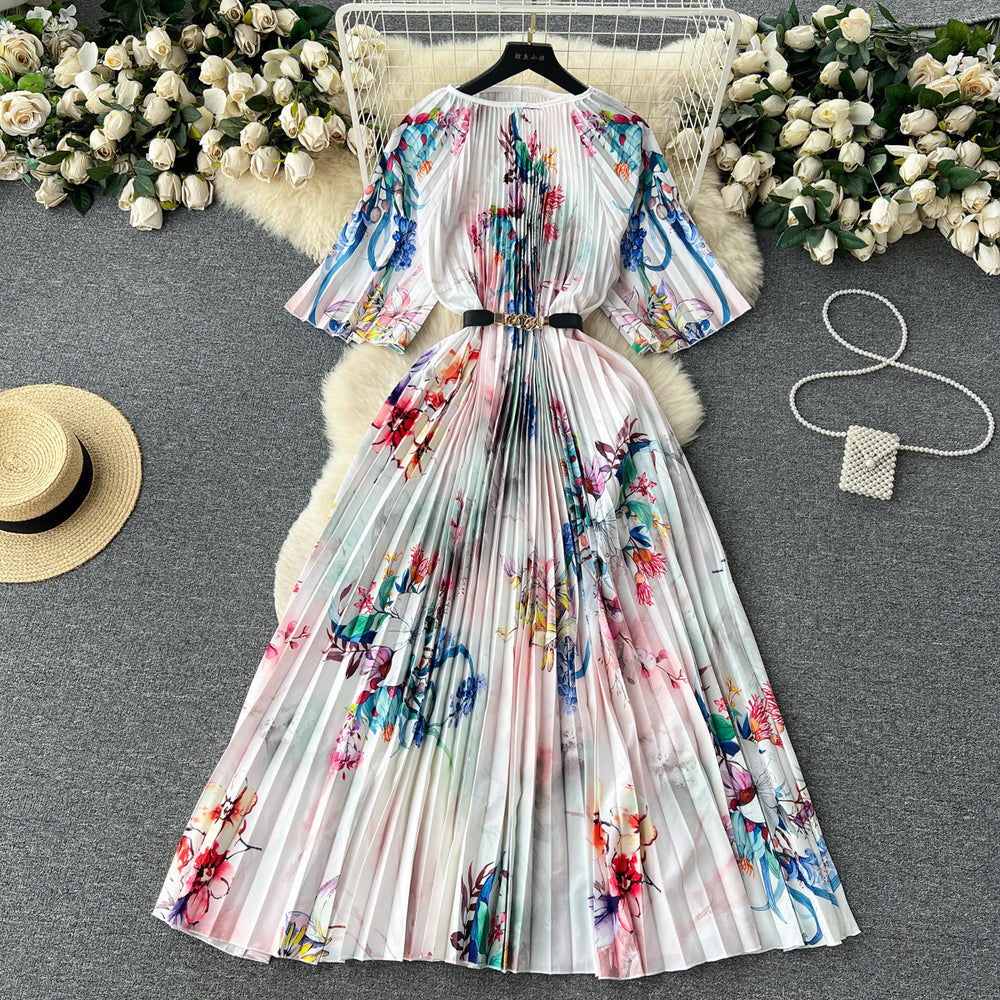 European and american retro court style design printed long dress with heavy pleating, puff sleeves, and pleated skirt - spring collection for women