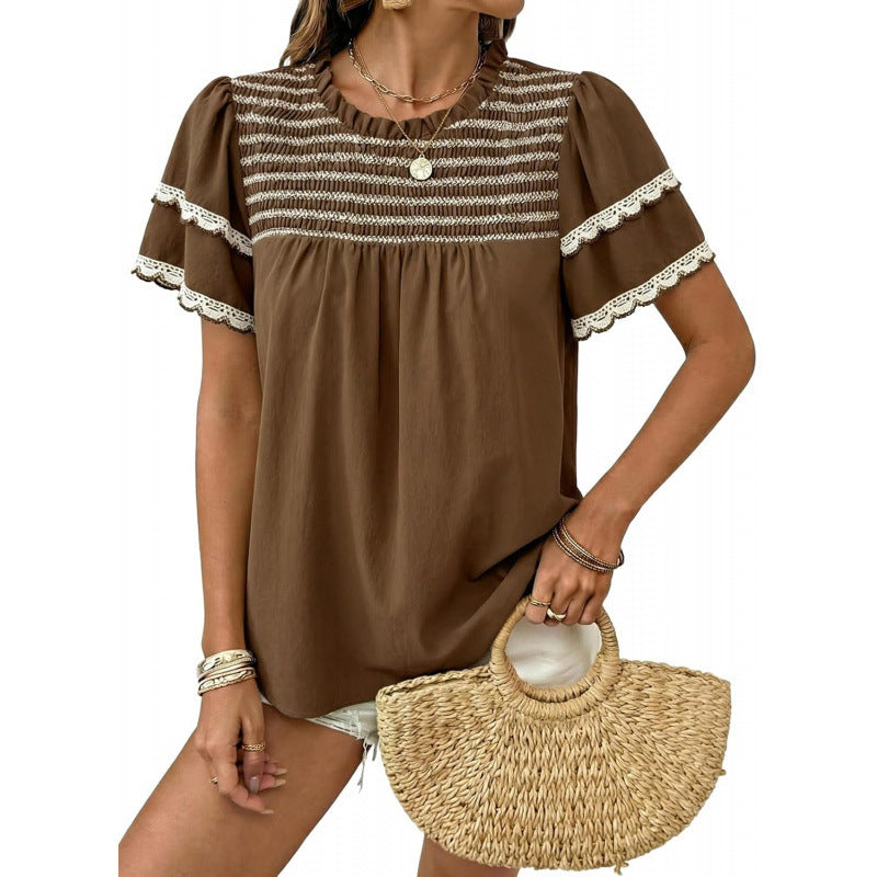 Amazon round neck ruffle short sleeve shirt women's  summer new casual bohemian style top