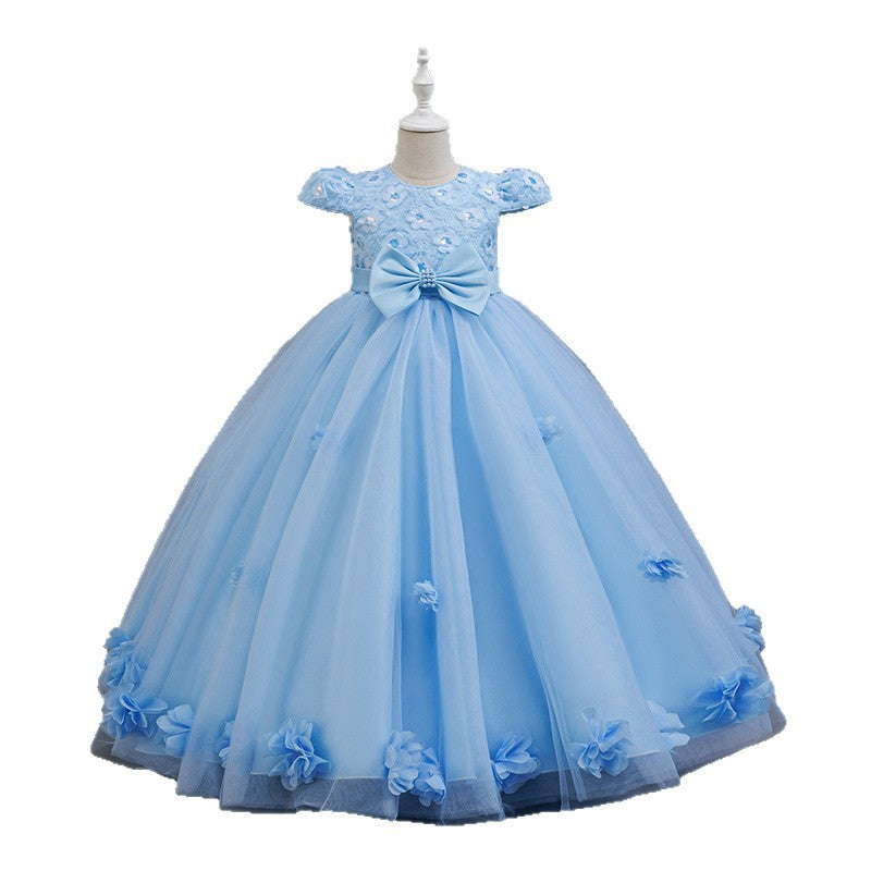 Export style girl dress mesh long half sleeve embroidered princess dress flower girl wedding dress elegance girl clothing in stock