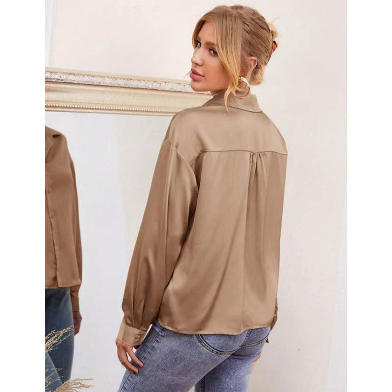 Women's cross-border e-commerce apparel:  spring/summer new arrivals -  satin comfortable casual long-sleeve shirt - in stock
